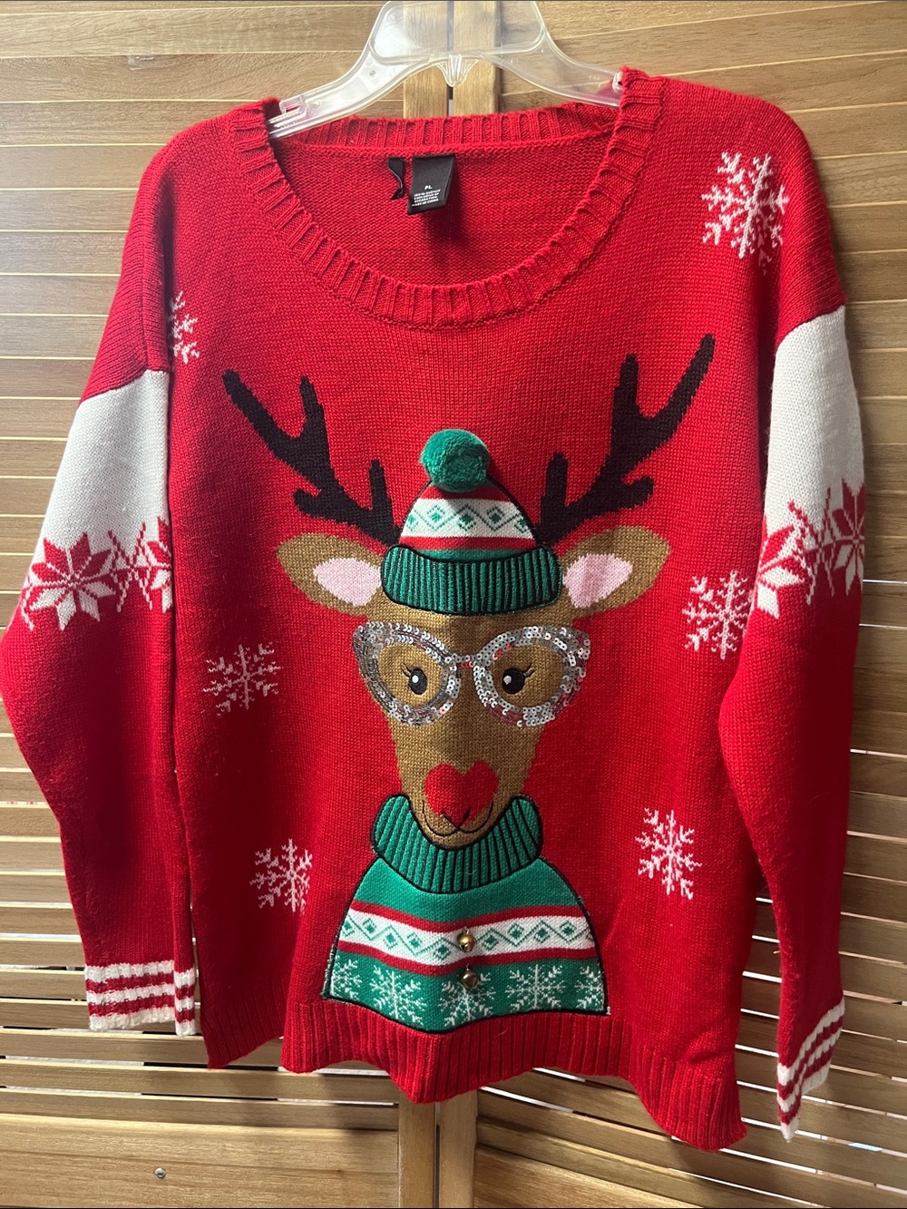 new directions Red Reindeer Sweater with Green Accents